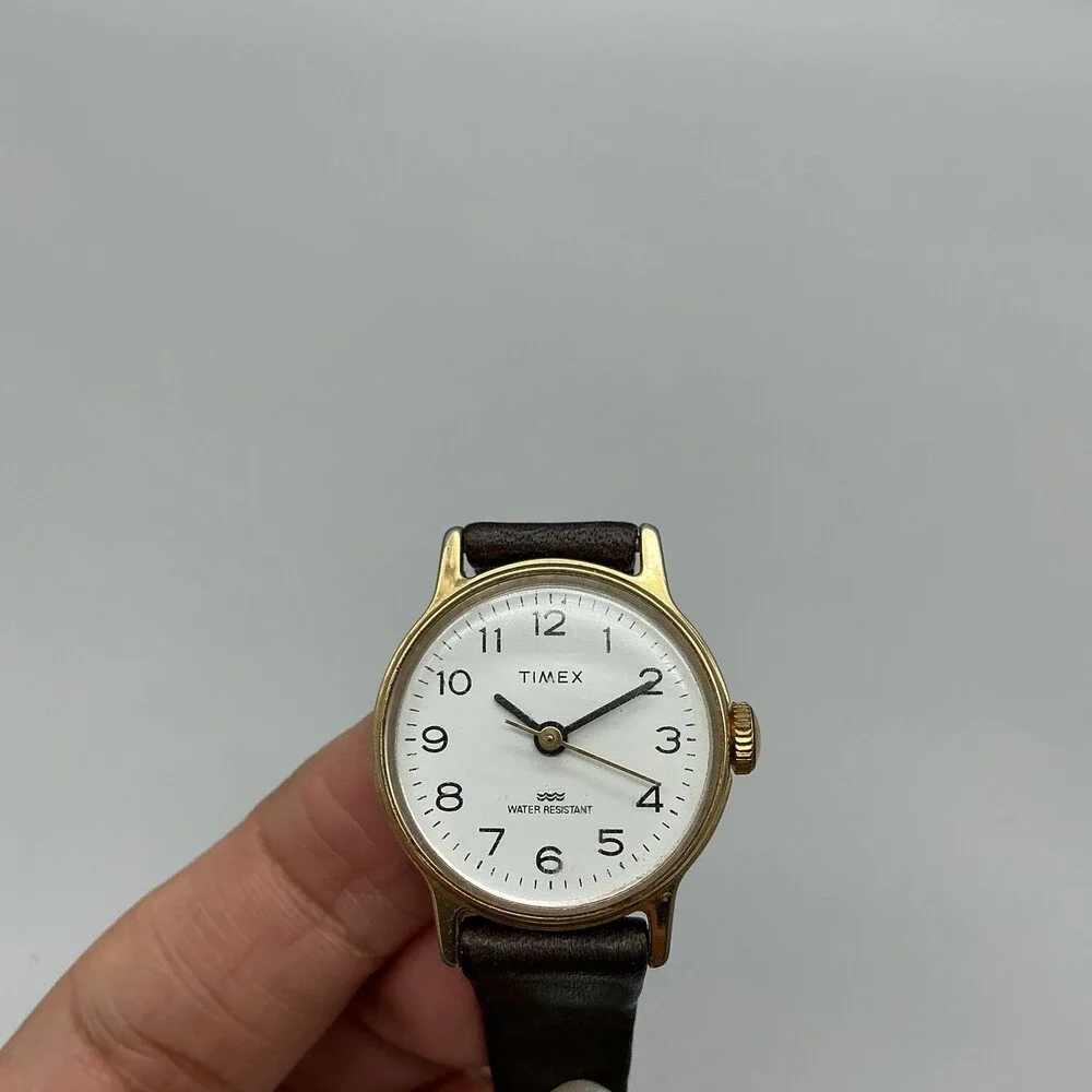 Vintage Timex Womens Watch 25mm White Dial Gold Tone Brown Leather Manual Wind